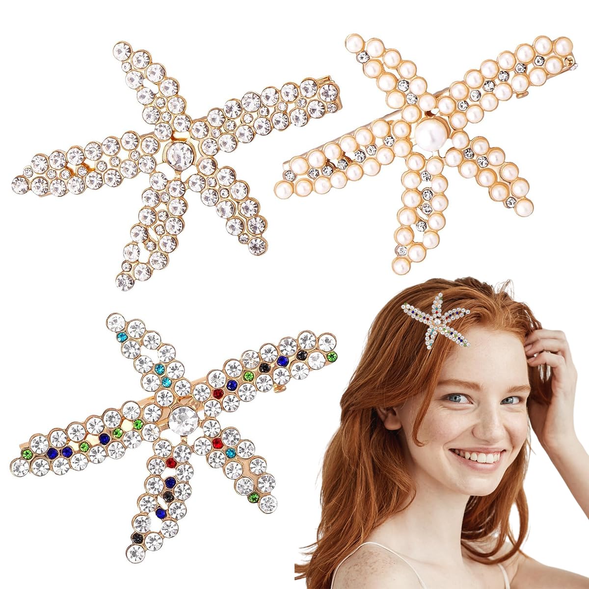 PALAY 3pcs Starfish Hair Clips for Women Stylish Latest Rhinestone Pearls Hair Clip Sea Star Crystal Headpiece Shining Gold Alloy Wedding Hair Acccessories for Girls Bride PALAY 3pcs Starfish Hair Clips for Women Stylish Latest Rhinestone Pearls Hair Clip Sea Star Crystal Headpiece Shining Gold Alloy Wedding Hair Acccessories for Girls Bride